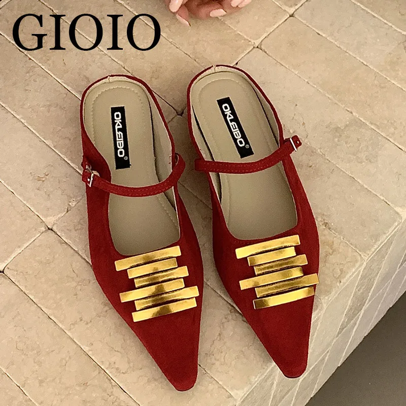 

《GIOIO》New Red Slippers Women's Shoes Mules Fashion Women Pointed Toe Sandals Flats Slip-On Ladies Metal Mujer Slippers