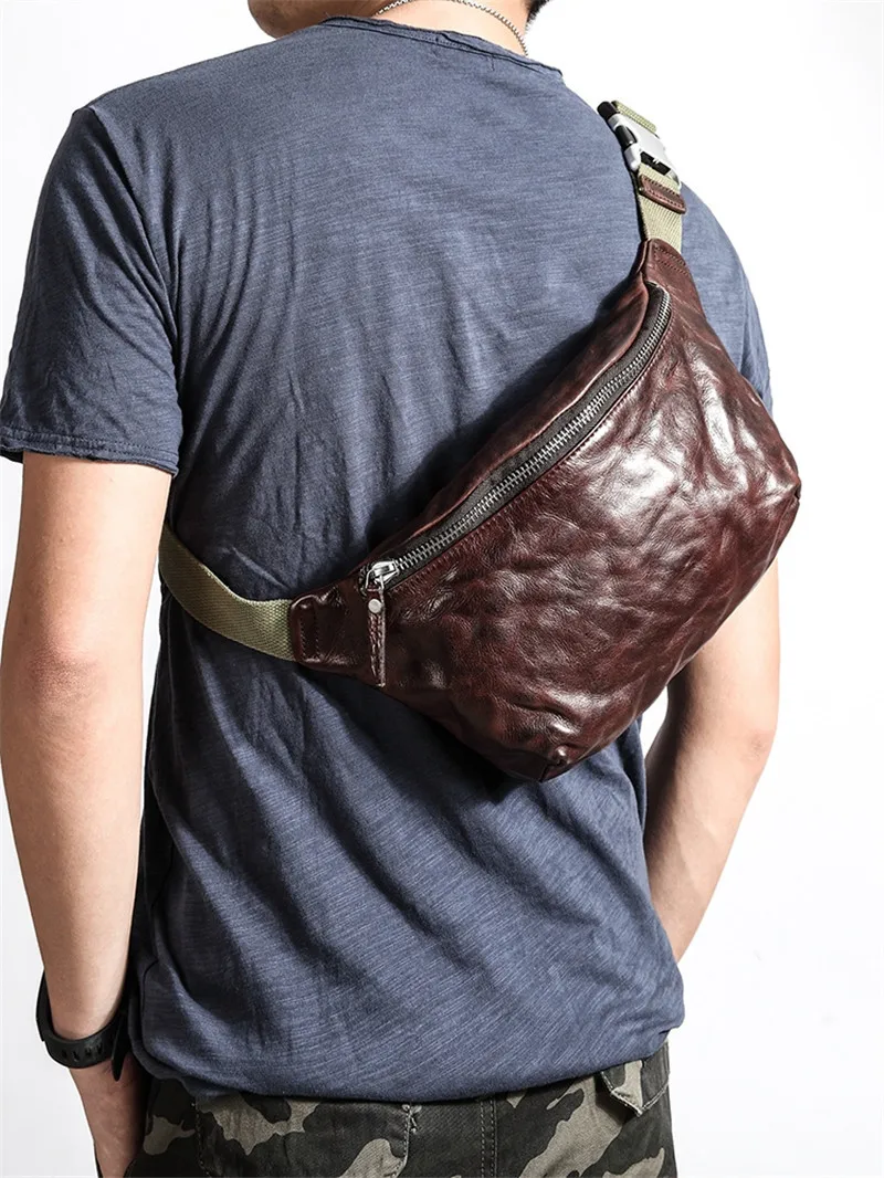 Vintage high quality genuine leather men's chest bag fashion casual first layer cowhide waist packs messenger bag teens belt bag