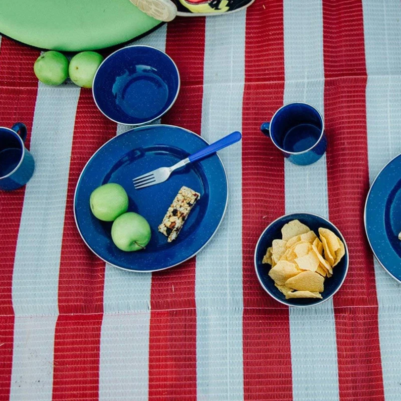 

High Quality 24 piece Enamel Tableware Set Blue Speckles White dots Enamel Camping Sets Picnic Enamel Cutlery Flatware