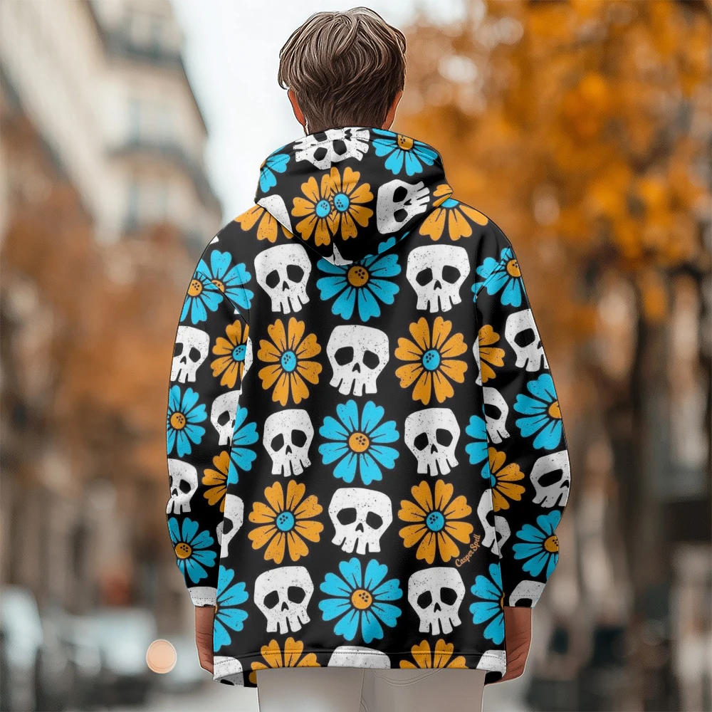 Man winter clothing, New in Down Coats, Skull flower doodle design cotton-padded jacket clothing, feather print pocket zipper