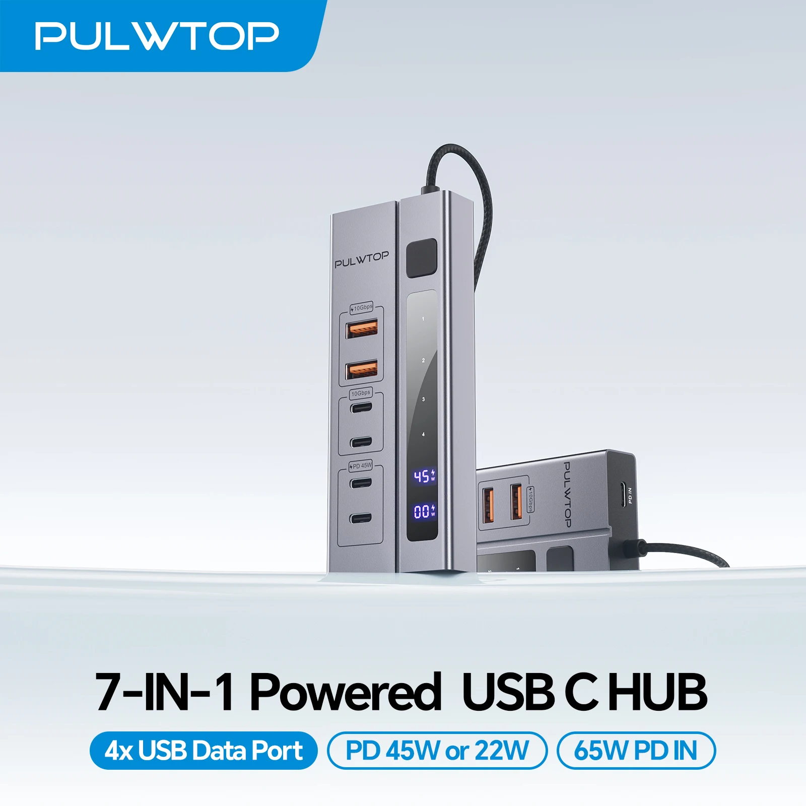 PULWTOP Powered USB C Hub with 65W PD-in Adapter, 2 USB-A 3.2 10Gbps, 2 USB-C 3.2 10Gbps Data Ports, 2 USB-C PD Charging Ports