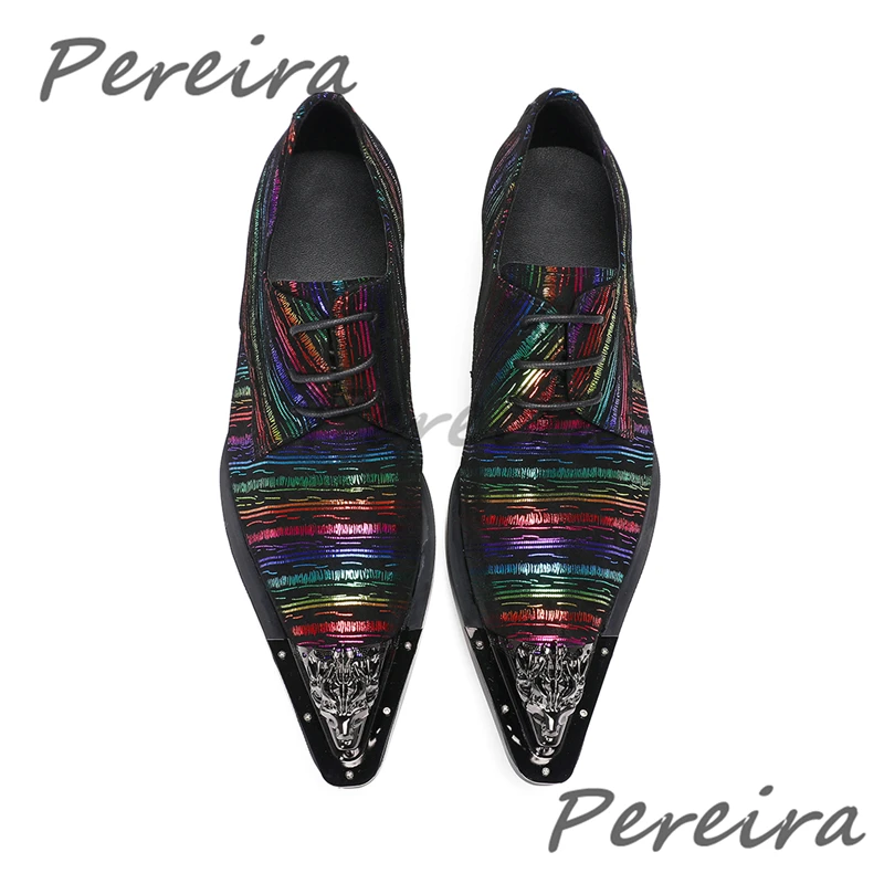 Rainbow Striped Men's Formal Shoes British Style Iron Pointy Toe Lace-Up Derby Shoes Fashion Genuine Leather Party Banquet Shoes