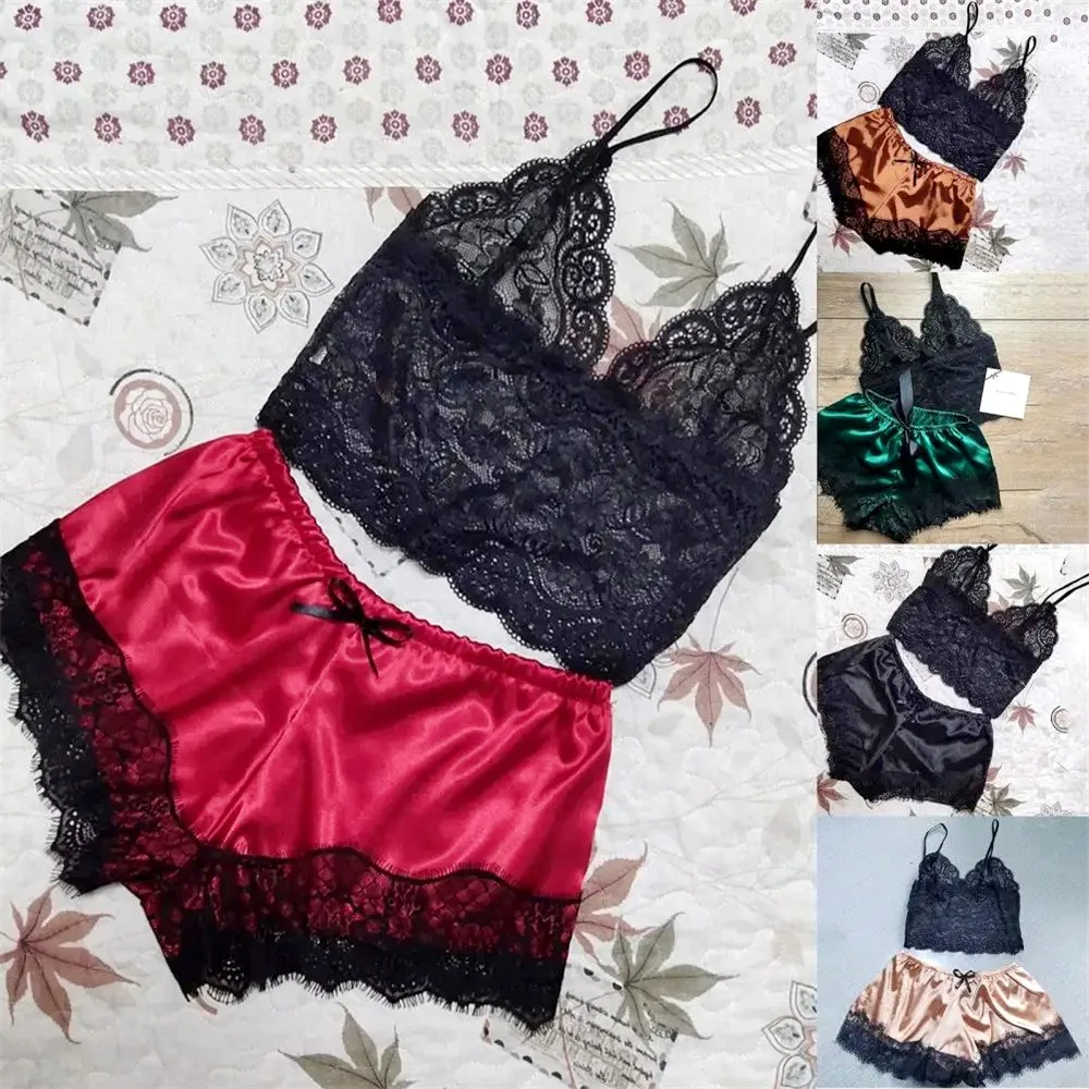 Set piyama wanita seksi renda Satin, baju tidur Lingerie elastis Suspender celana pendek, pakaian tidur tanpa lengan