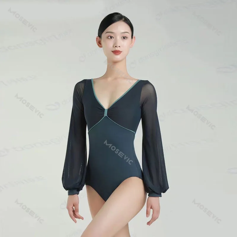 New Ballet Dresses Adult Lantern Long Sleeve Leotard V neck Bodysuit women Dance wear Sexy Gymnastics for girl