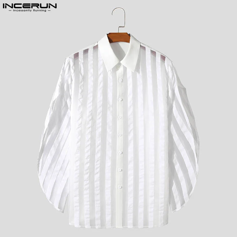 INCERUN Men Shirt Striped Patchwork Lapel Split Long Sleeve Casual Men Clothing Transparent Loose Streetwear 2024 Fashion Camisa