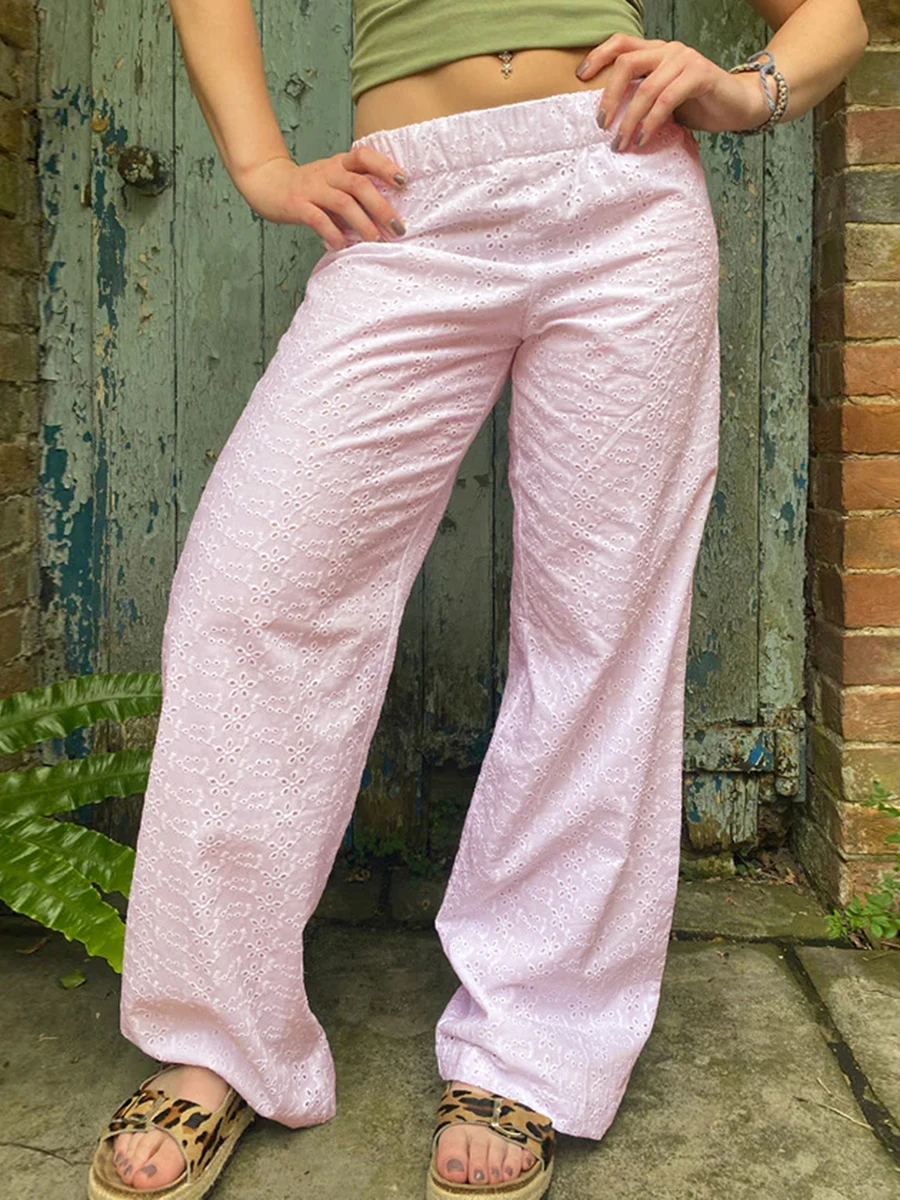 Pantalon décontracté pour femmes, taille élastique, fleur ajourée, adt fjStreetwear pour 03/3