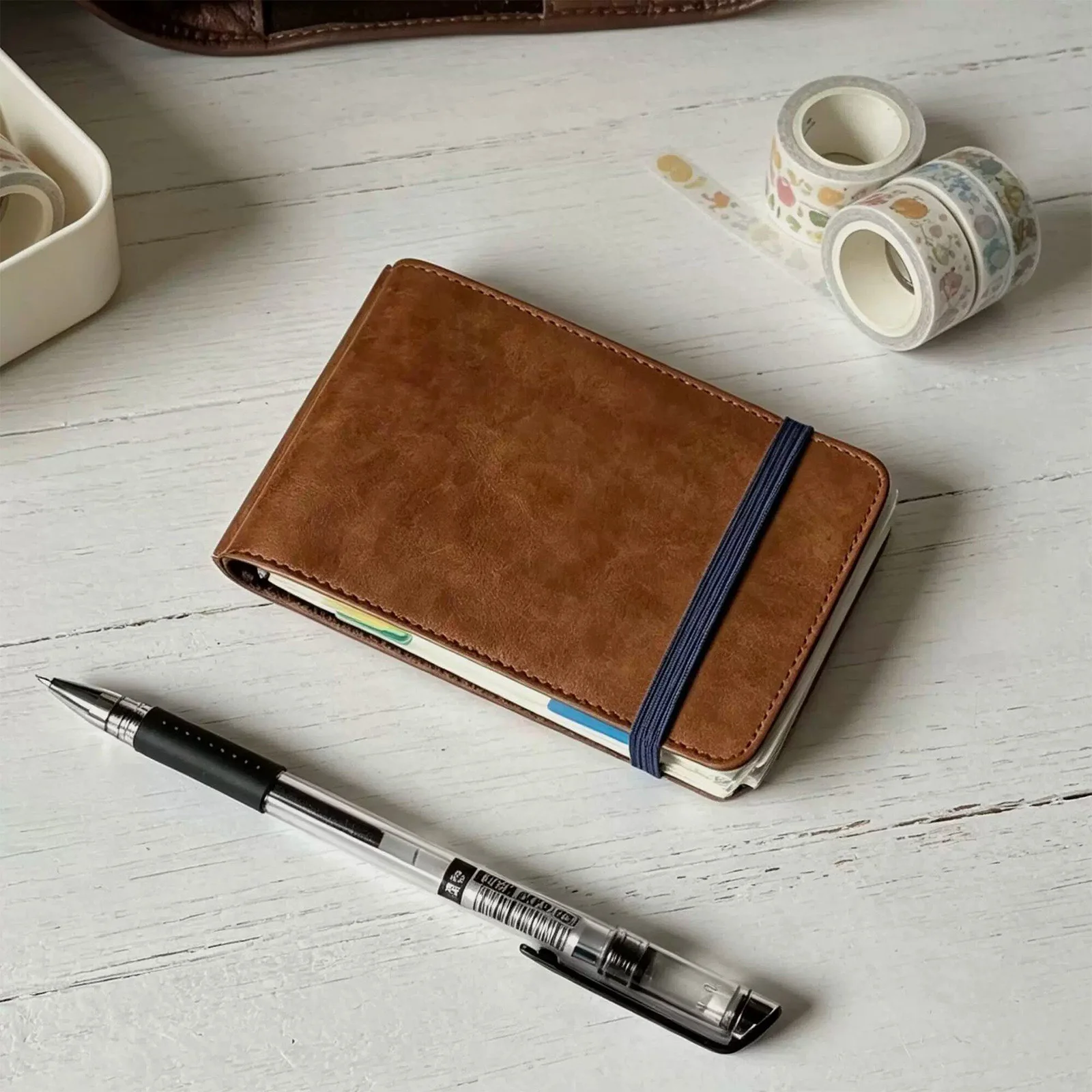 Portable Pocket Journal Loose Leaf Brown PU Leather Elastic Closure Lined Blank Inserts 145x95mm