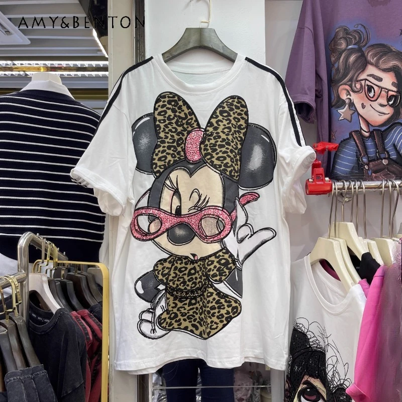 

2025 Spring Summer Heavy Industry New White Cartoon Bow Short-sleeved Tshirt Women's Loose Casual Style Medium And Long Top Tees