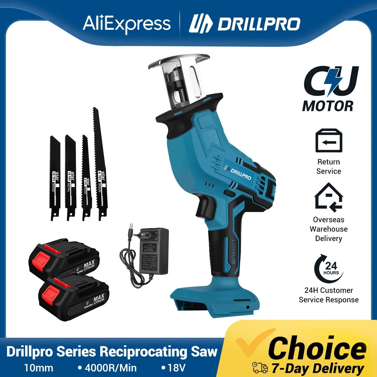 Drillpro 18V Reciprocating Saw Cordless Chainsaw Wood Metal PVC Pipe Cutting Tools With 2 Battery Power Tool For Battery