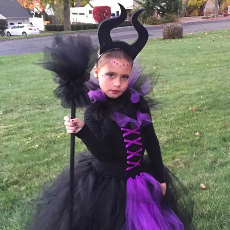 Kids Maleficent Evil Black Gown Tutu Dress with Feather Shawl Gothic Halloween Dress Up Costume Kids Royal Dark Queen Dresses