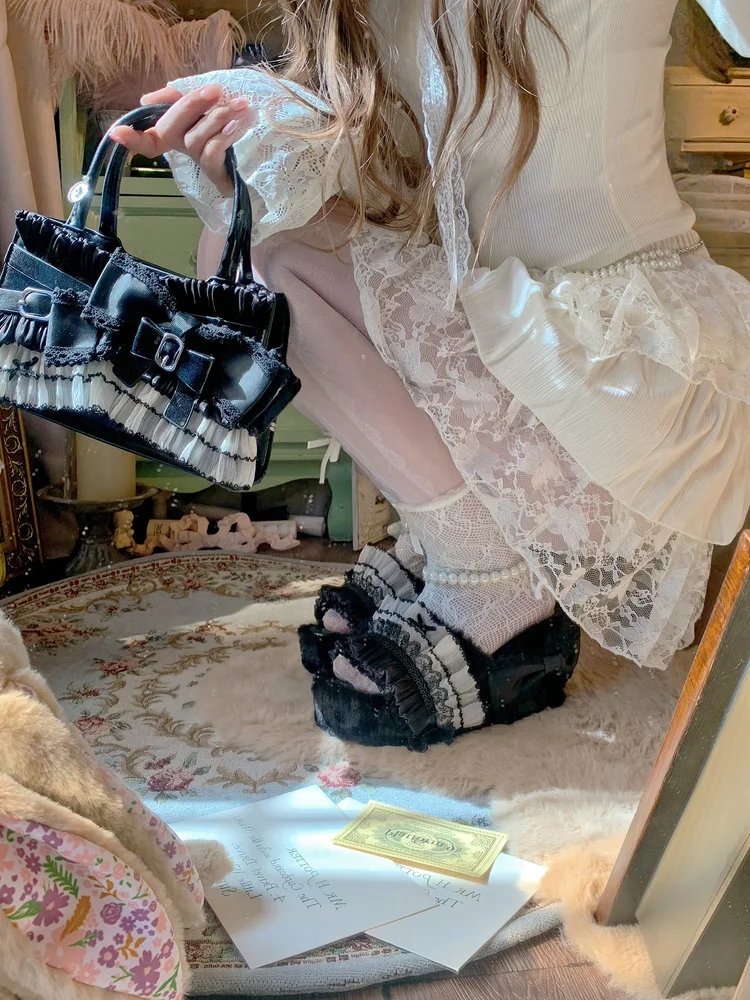 

Pinkyo Original Lolita Girl с кружевным бантом, черно-белая контрастная сумка, милая и крутая сумка