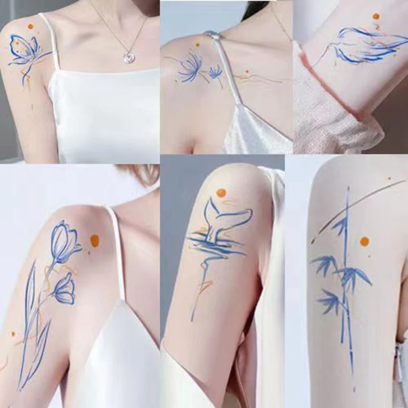 6pc/Lot Abstract Personality Butterfly Line Waterproof Fake Tattoo Sticker Female Whale Lotus Feather Temporary Tattoo Arm Color