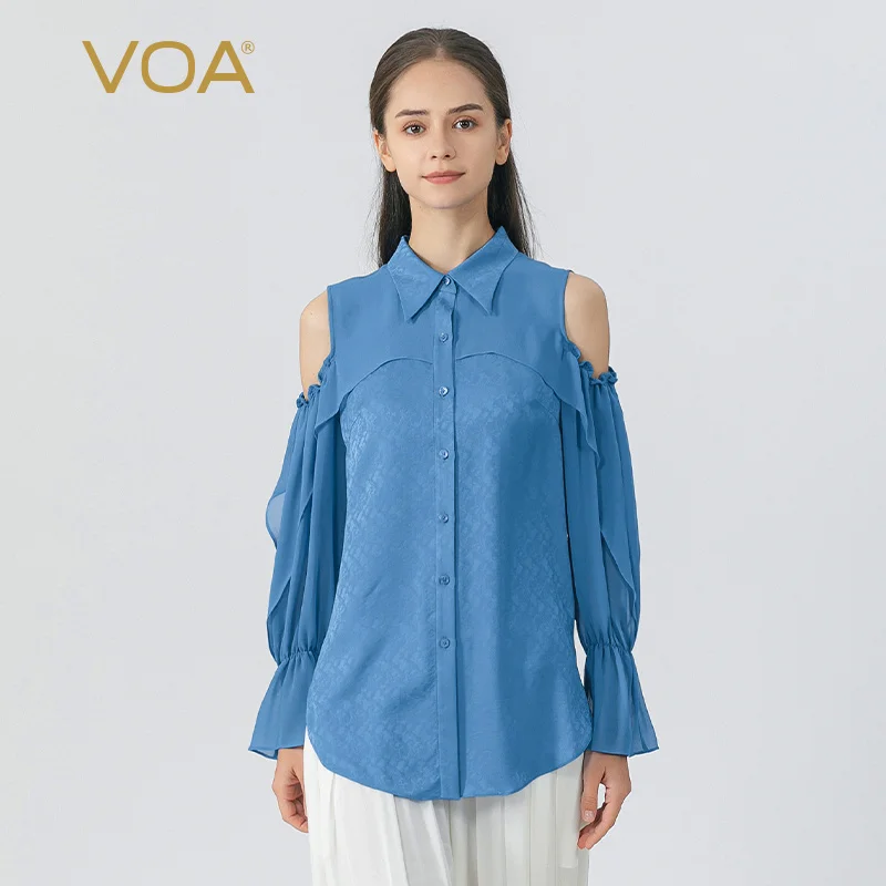 

Azure 22 Momme Jacquard Mulberry Silk Polo Collar Off-the-shoulder Flared Long-sleeve Single-breasted Silk Shirt BE1260