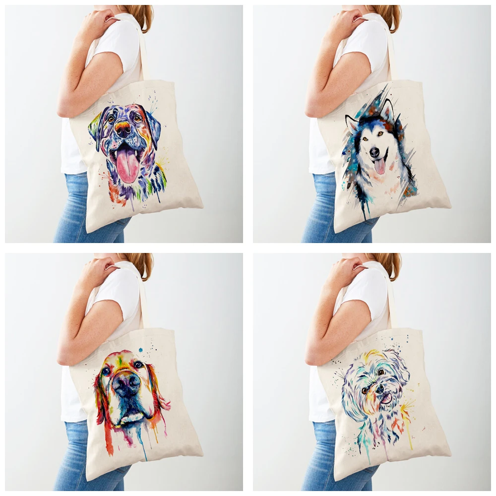 Cute Cartoon Pet Dog Eco Shopping Bag Women Canvas Tote Handbag Reusable Watercolor Animal Lady Shoulder Shopper Bags