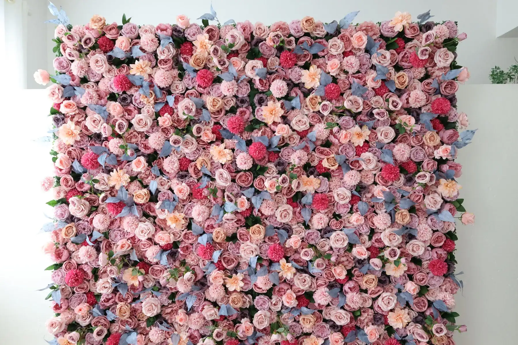 Pastel blue-Pink Rose 3D Cloth Flower Wall Wedding Backdrop Fabric Floral Green Plant Wall Window Display Event Party Props