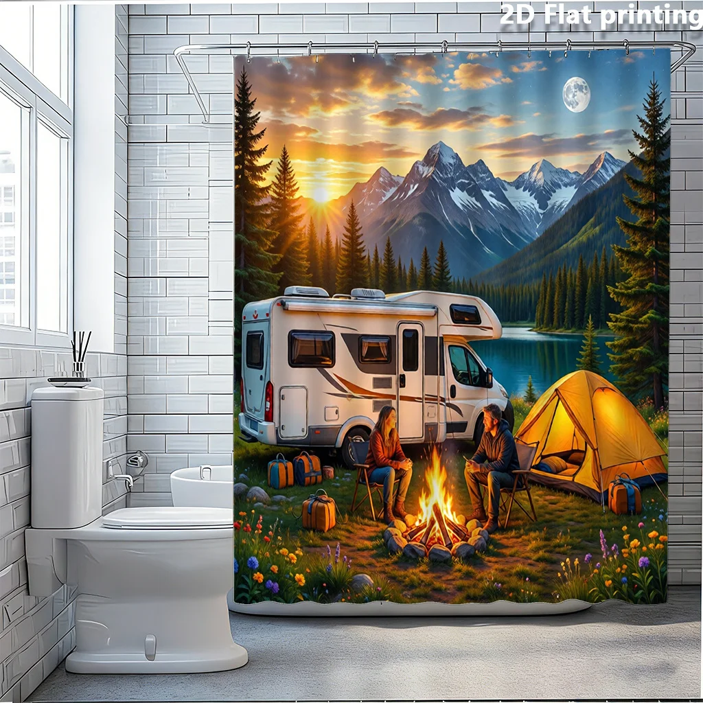 Scenic Camping Van Life Shower Curtain Waterproof Bathroom Liner Nature Mountain Sunset Decor 180x180cm Waterproof Design