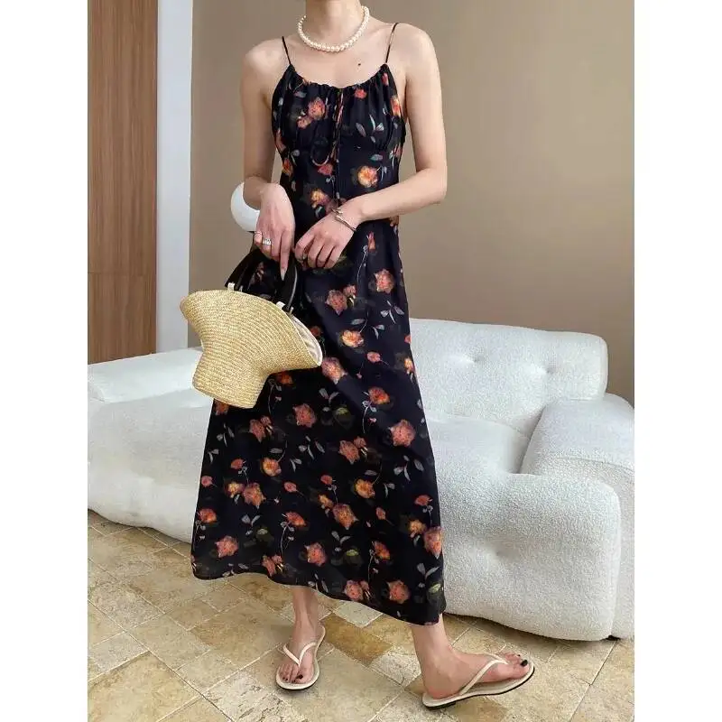 

Autumn Vacation Style Rose Floral Drawstring Design Strap Dress Backless Deep V Suspenders Sleeveless Pure Desire Dress RU7X