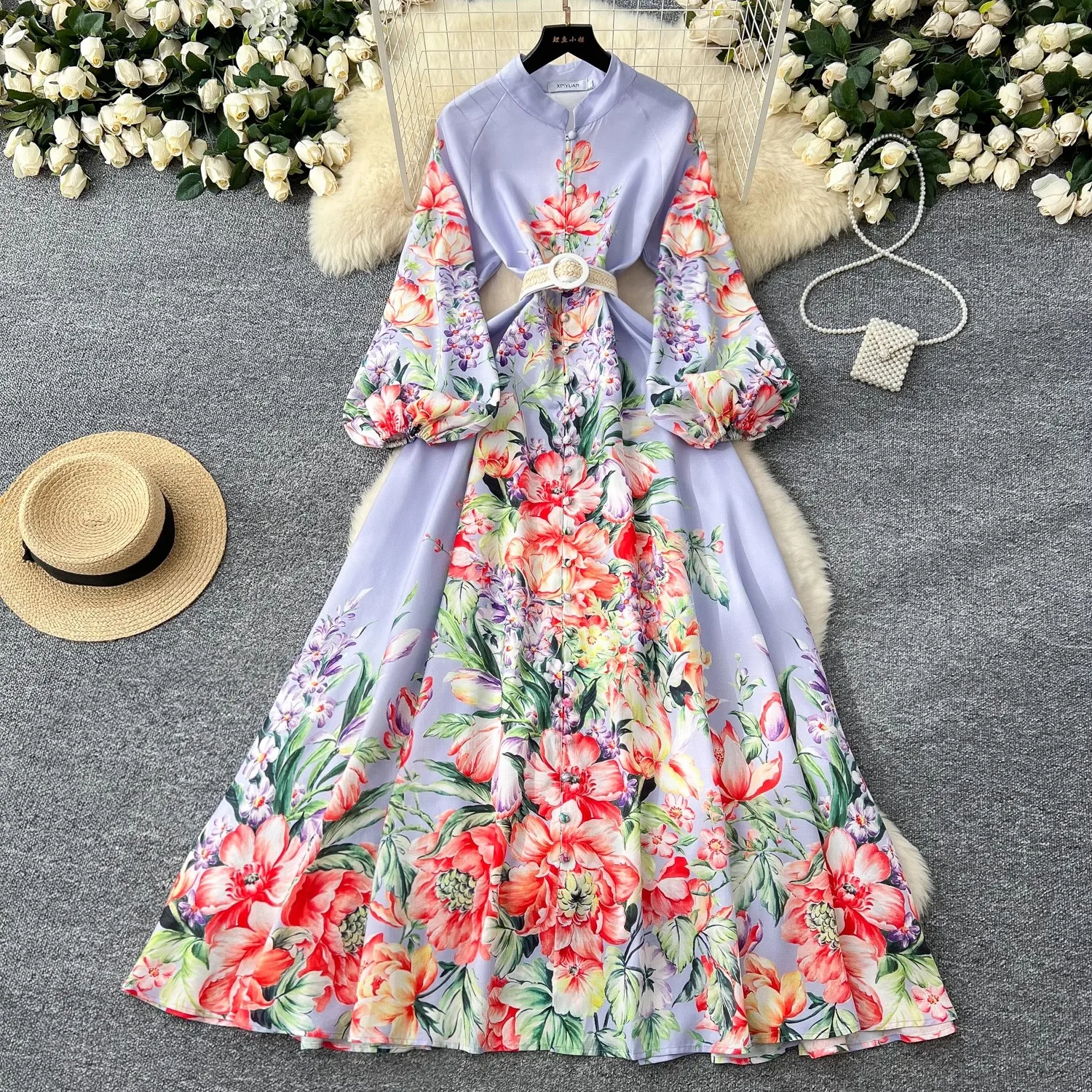 

2025 Spring Summer Gorgeous Flower Linen Robe Maxi Dress Women Stand Long Lantern Sleeve Floral Print Belt Party Vestidos