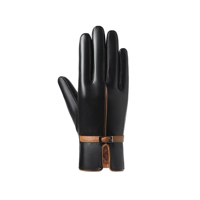 

Women Sheepskin Gloves Driving Electric Scooter Warm Fleece Lined Leather Touchscreen High-quality Full Finger Elegant Guants