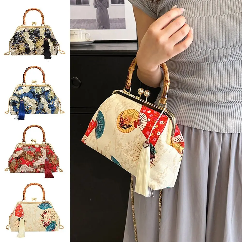 

New Chinese Style Rattan Handle Evening Clutch Bag Red Crowned Crane Print Tassel Handbag Wrist Bag For Women Bride Wedding