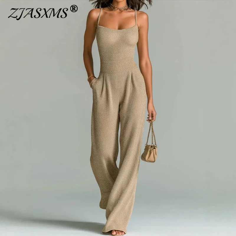 

Women's Spaghetti Strap Jumpsuit Square Neck Sleeveless High Waist Wide Romper Sexy Casual Loose Solid Streetwear Beach Playsuit