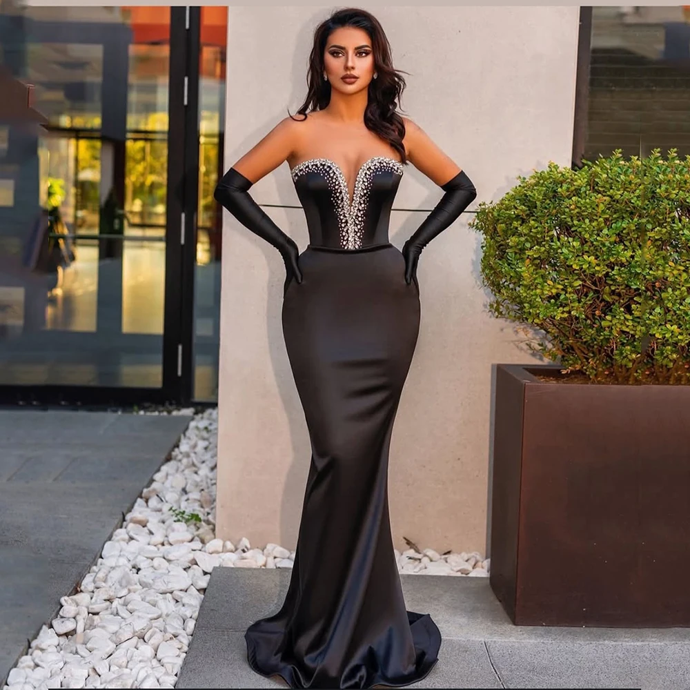 

Black Satin Evening Dress with Gloves Crystal Deep V Neck Mermaid Evening Gowns for Women 2025 Trumpet Sexy Prom Party Dress