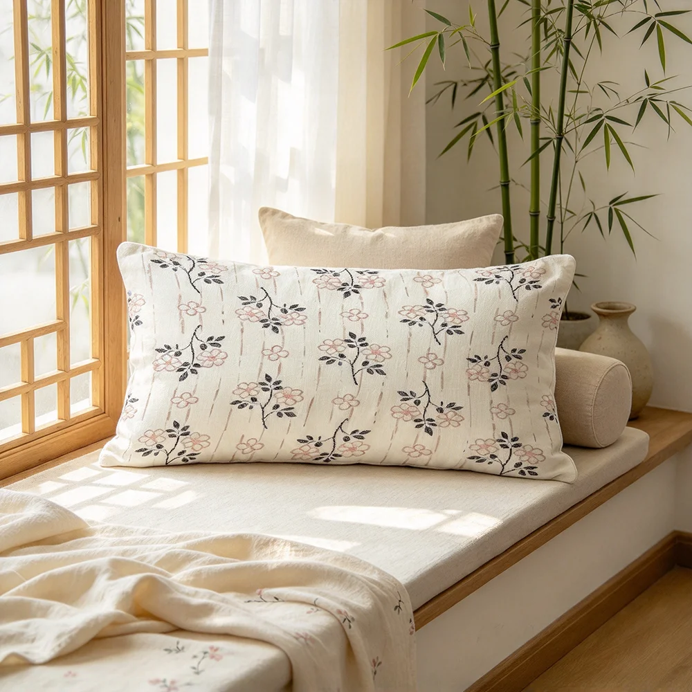 White Brown Botanical Sketch Print Long Pillow Cover, Hand Drawn Style, Guest Bedroom Decorative, Polyester, Holiday Gift