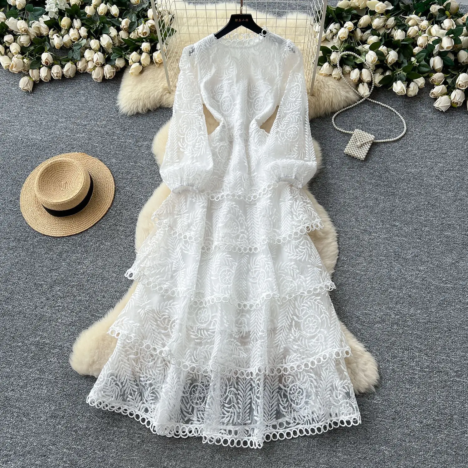 

Cake Dress Women Ruffles Gown Print Round Neck Full Sleeve Long Dresses Y2k Elegant Gown Vestidos A Line High Waist Party