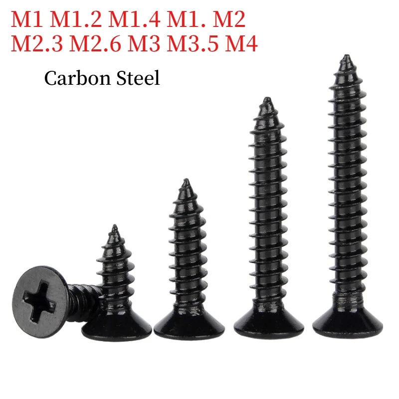 M1 M1.2 M1.4 M1. M2 M2.3 M2.6 M3 M3.5M4 Black Phillips Countersunk Self Tapping Screw DIN7982, Cross Flat Head Sharp Point Screw