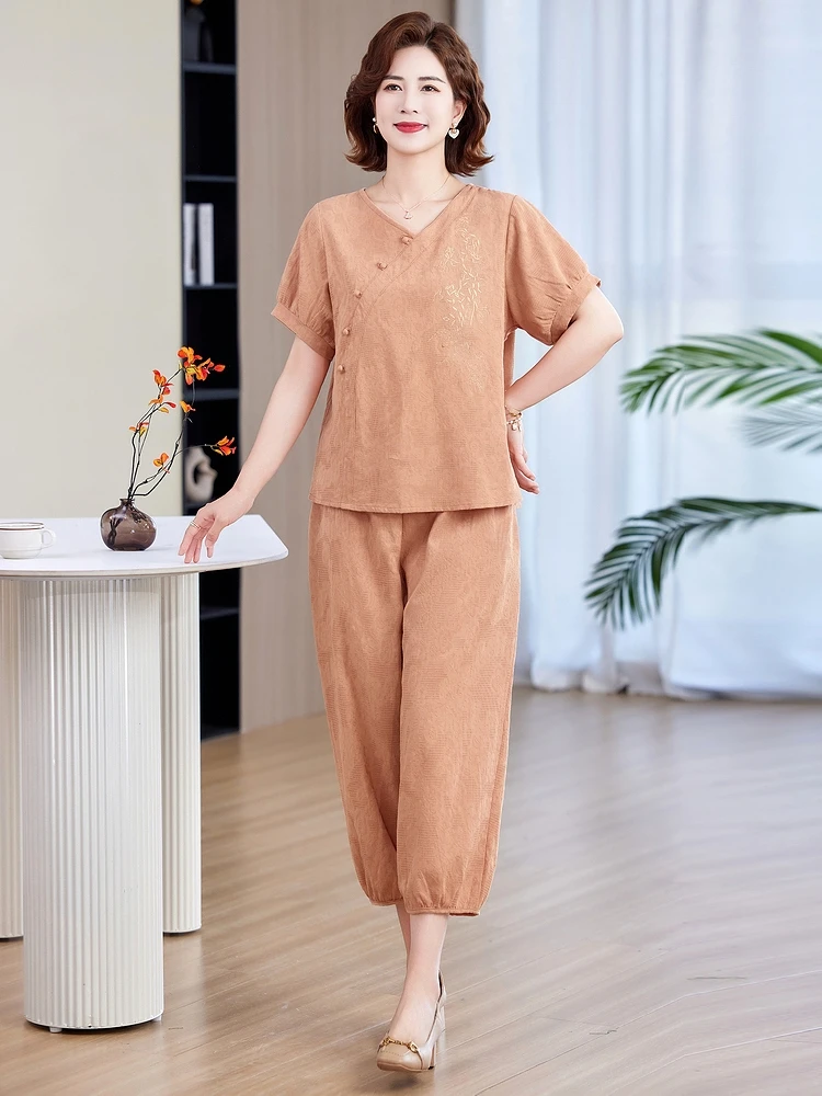 Dames coton lin ensemble décontracté ample grande taille dissimulant rétro Floral loisirs deux pièces ensemble vêtements d'été confortable V Ne