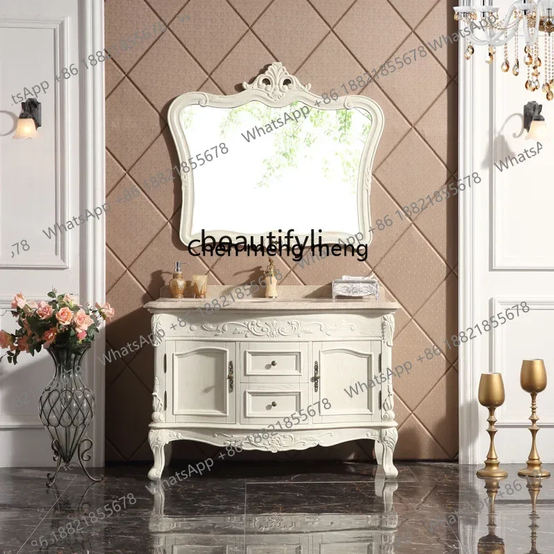 Antique European oak bathroom cabinet combination floor-to-ceiling wash basin cabinet mirror cabinet washstand