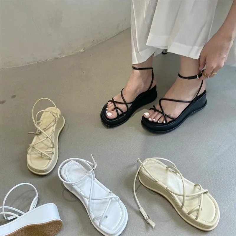 Sandals Women Summer 2022 Square Toe Pu Leather Platform Wedges Ladies Shoes Causal Rome Gladiator Female Sandal Woman Sandals