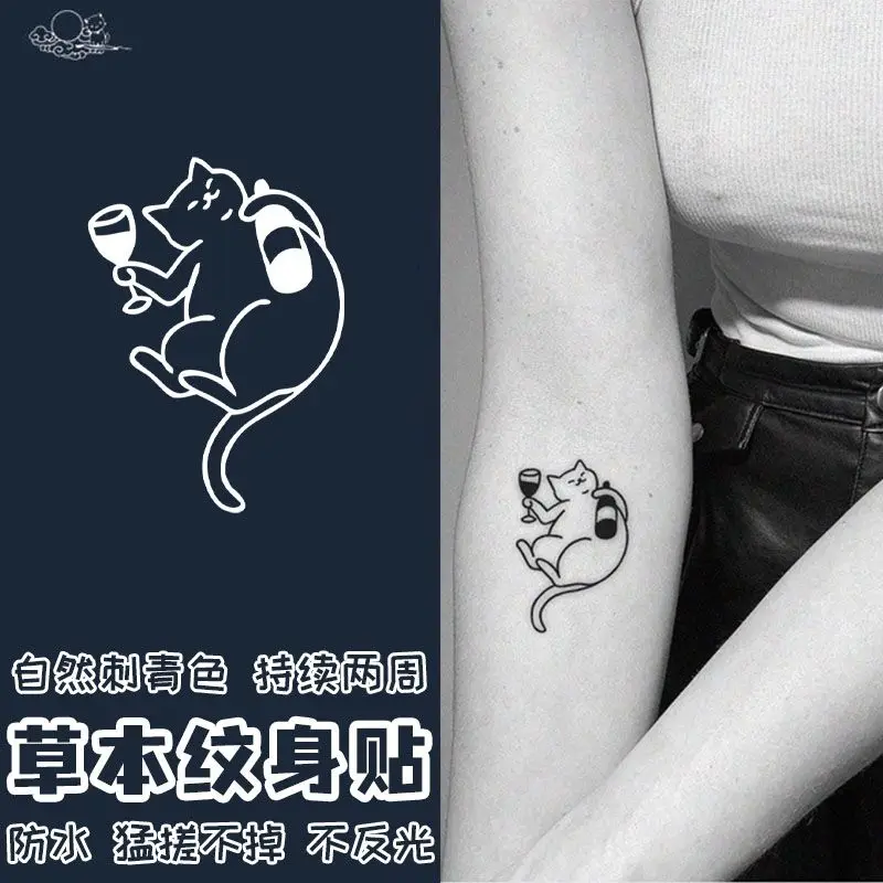 

Herbal Tattoos Temporary Waterproof Tattoo for Women Cartoon Alcoholic Cat Tattoo Cheap Goods Cute Art Fake Tattoo Stickers