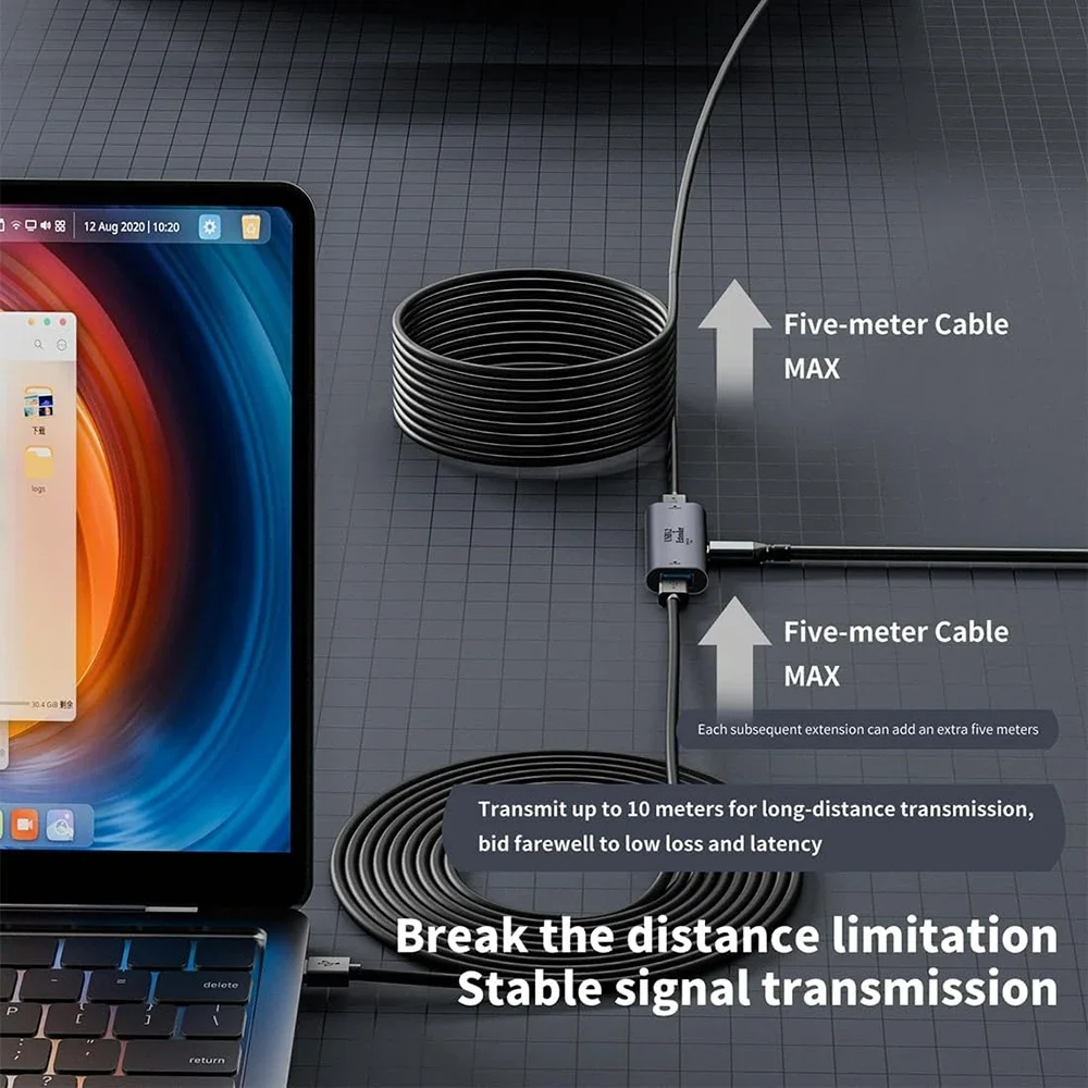 USB-A USB-C Signal Amplifier with 15W Power Supply 10m Transmission Extender Beyond Boundaries for PC Printers Game Controllers