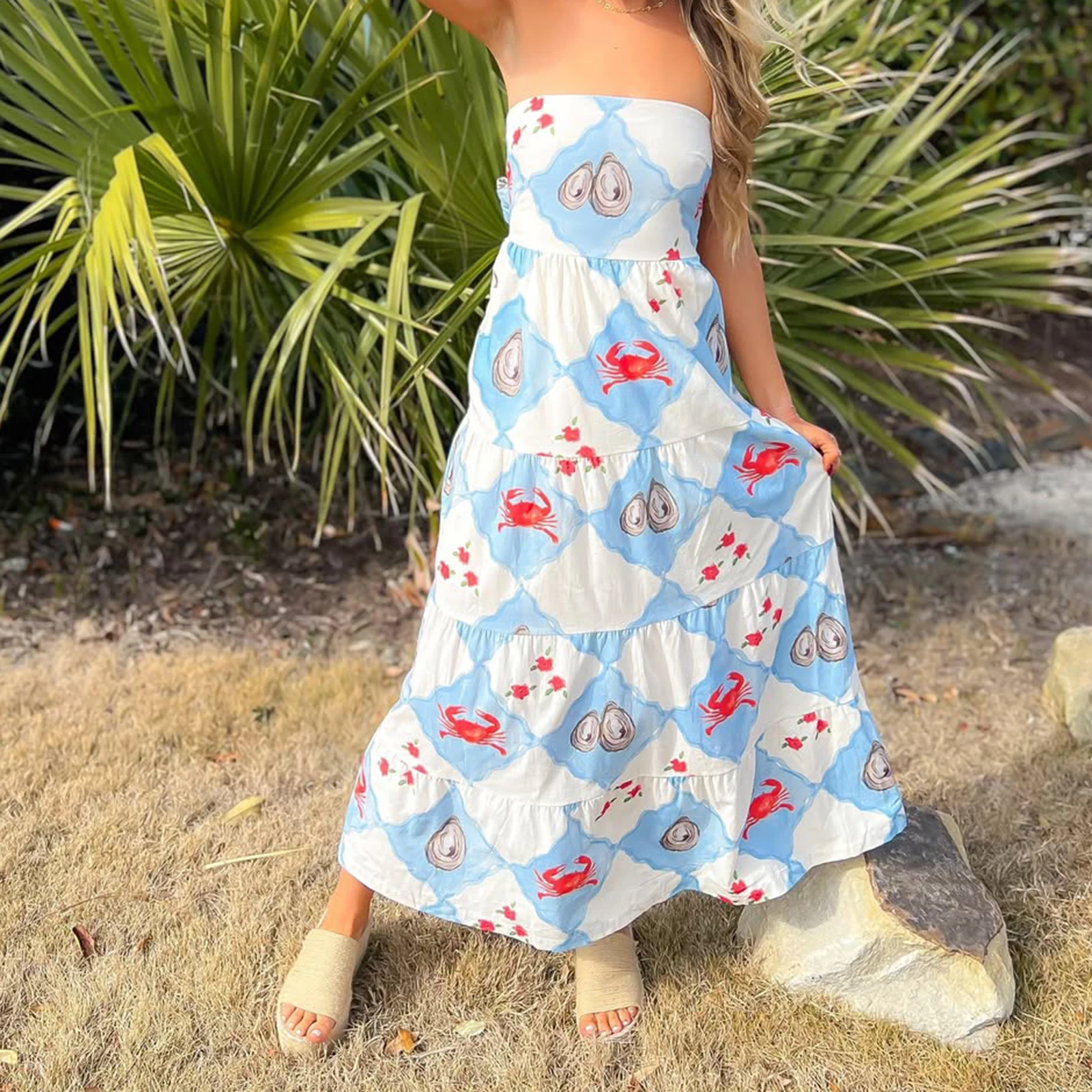 ผู้หญิงฤดูร้อนสไตล์ชายหาดแขนกุด Vestidos ชุดดอกไม้กุ้งก้ามกรามพิมพ์กลับ Bowknot Strapless Flowy ชุดยาว
