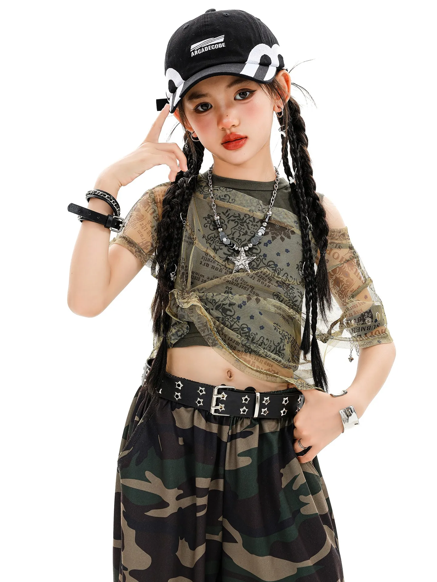 여자 재즈 댄스 공연 의류 유행 Kpop 댄스 팀 메쉬 작업복 탑 위장 반바지 힙합 스트리트 댄스 착용 DQL11338