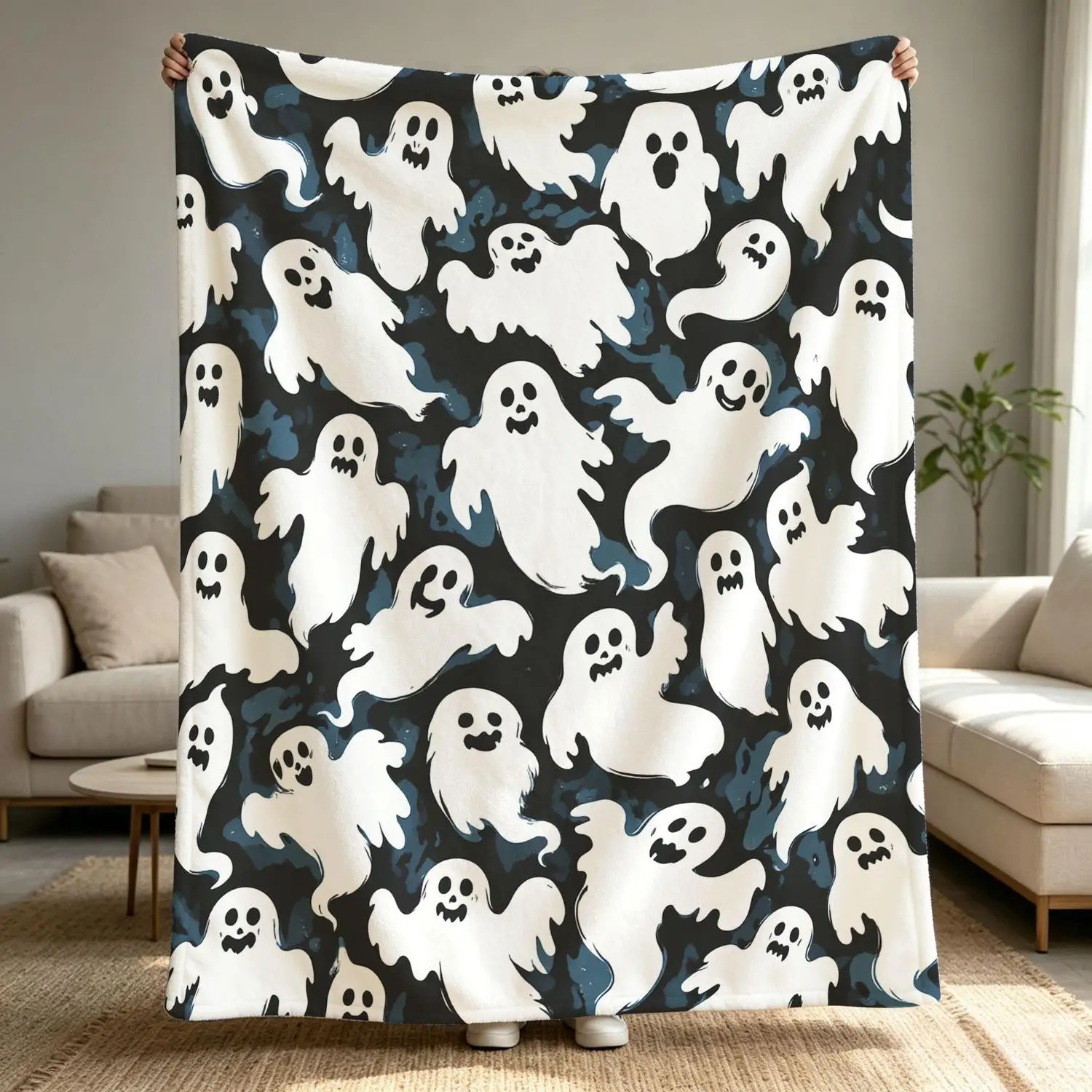[Flannel Blanket] Ghost Print Blanket, Gothic Spooky Style, Cozy Home Holiday Decoration, Gift for Halloween Enthusiasts