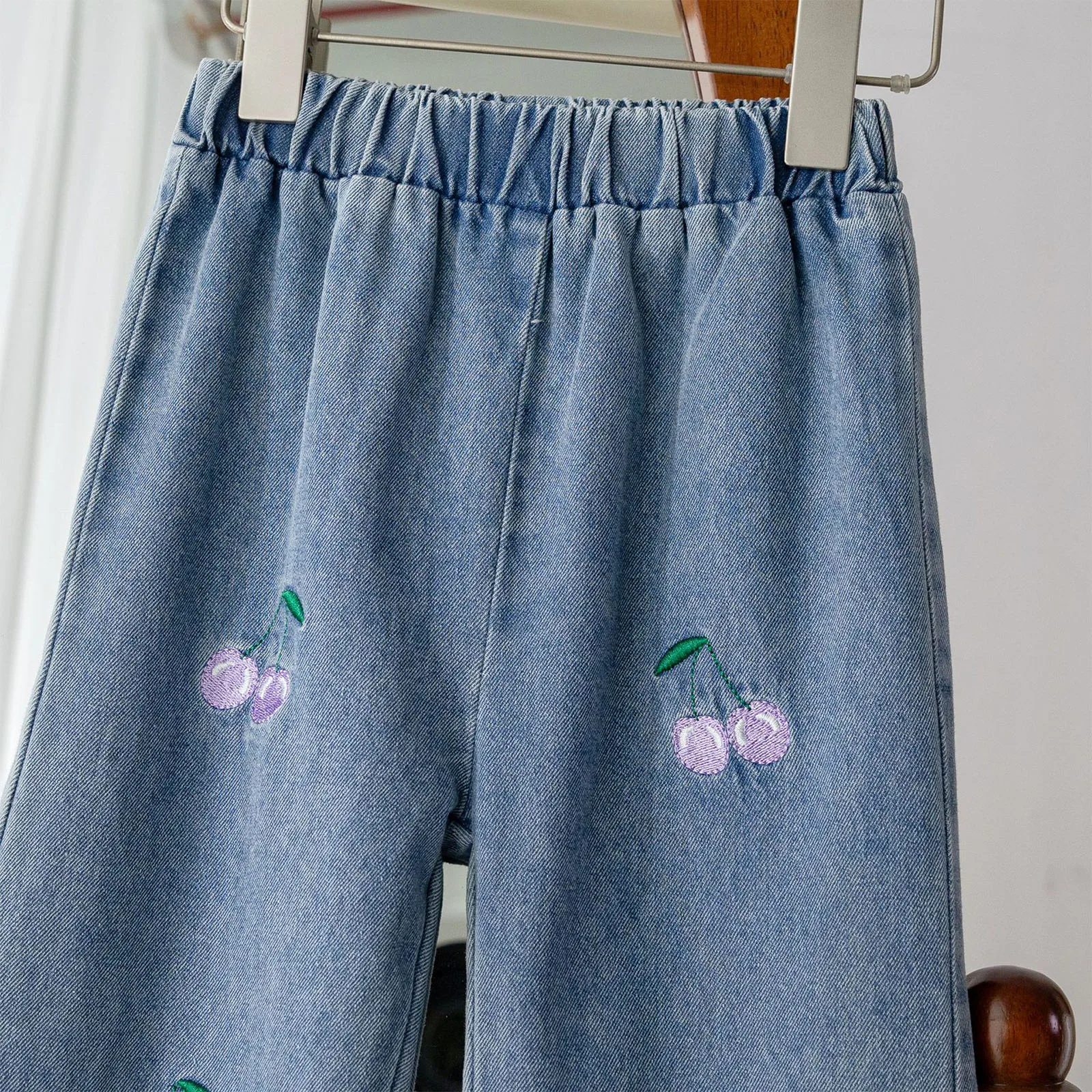 أطفال بنات ربيع الخريف ملابس غير رسمية موضة كم طويل محكم بلايز مع الكرز التطريز الدنيم السراويل ملابس الأطفال #5