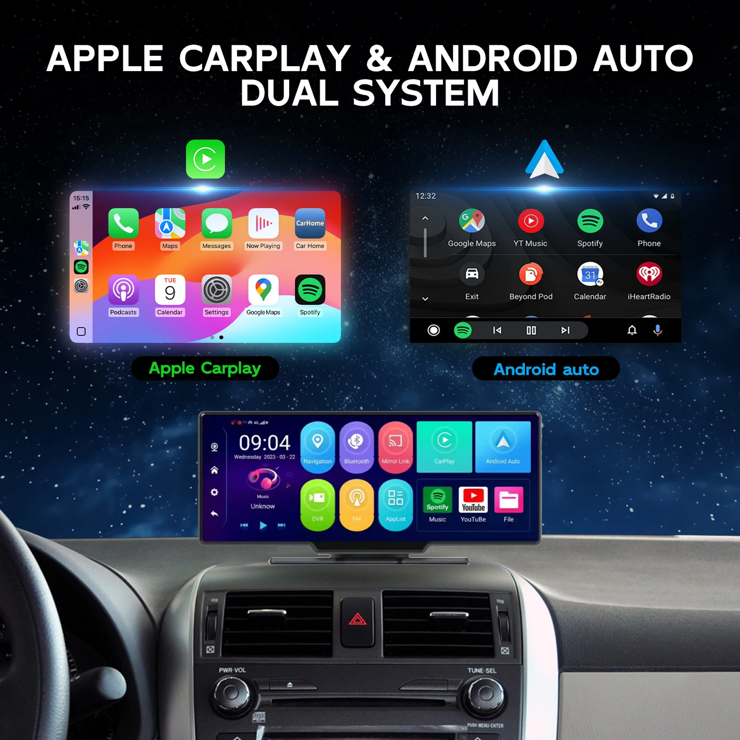 Portable Car Stereo 10.26 Wireless 1080P Carplay GPS Navigation Monitor Display With 2 Channels Dash Cam Car DVR