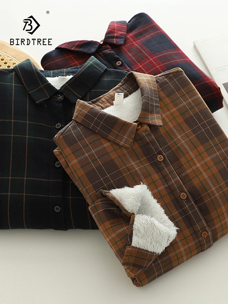 

New 2025 Autumn Cotton Long Sleeve Fleece Shirt, Women Turn-down Collar Plaid, Mori Girl Warm Retro Casual Loose Blouse T5O721CC
