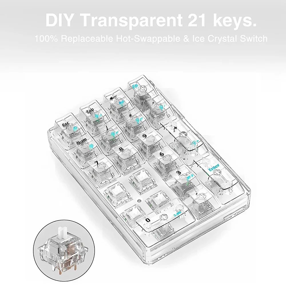 Imagem -04 - Aula Teclado Numérico sem Fio com Luz de Fundo Branca Teclado Numérico Transparente 21 Teclas Bluetooth Teclado Mecânico Numérico sem Fio