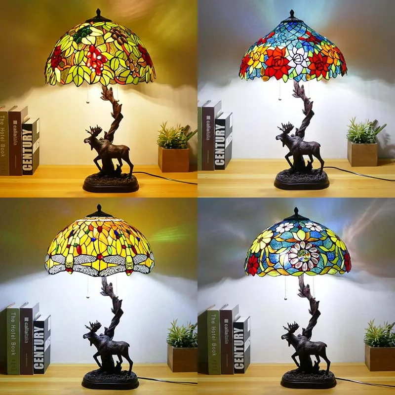 

16Inch Tiffany Style Table Lamp Rose Stained Glass Lampshade Vintage Nightstand Office Desk Light with Deer Base