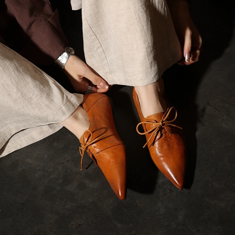 Genuine Leather Lace-up Women Shoes Pumps Pointed Toe Ladies Flats Fashion Spring Flats Summer Ethnic Ladies Shoes 2027 Autumn