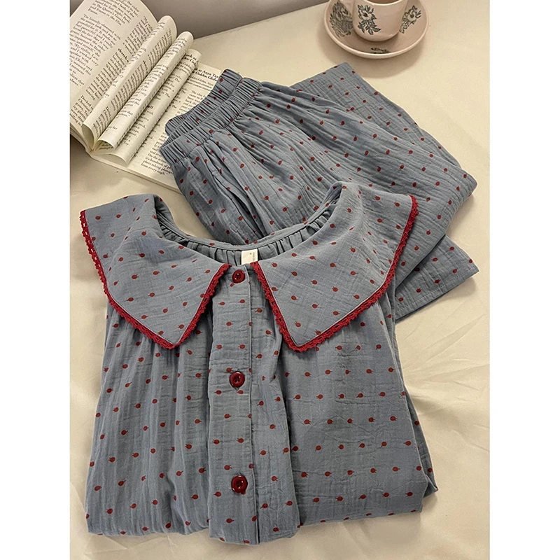 Polka Dot Sleepwear Women Pajama Sets Korean Pants Sets for Women 2 Pieces Ruffles Night Wears Autumn Ruffles Button Home Suit