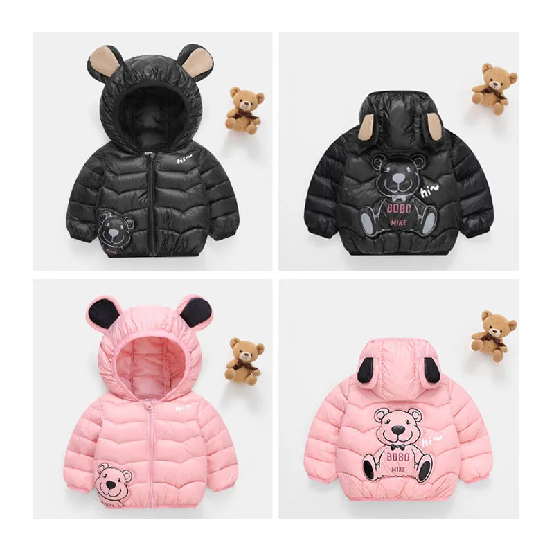 New Kids Warm Down Coats 2024 Winter Boys Girls Thin Jackets Bear Print Zipper Coat Children Hooded Short Outerwear Baby Clothes