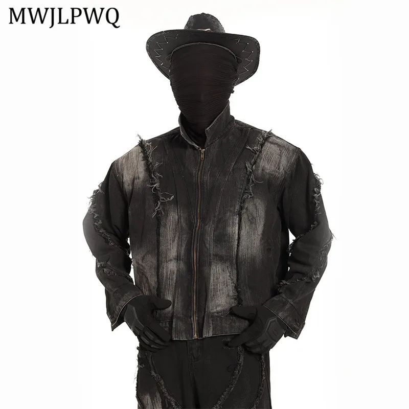 

MWJLPWQ Deconstructed Split Frayed Edge Patchwork Jacket Men's High Street Pad Shoulder Gradient Design Hiphop Denim Set 11595
