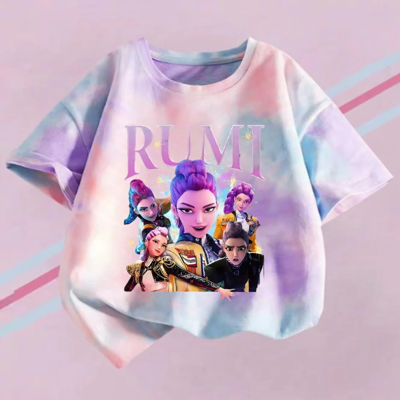 KPop شيطان الصيادين تي شيرت الأطفال الأرجواني التعادل صبغ الفتيات س طوق الملابس قصيرة الأكمام المحملة الاطفال الصيف/الخريف الملابس هدية