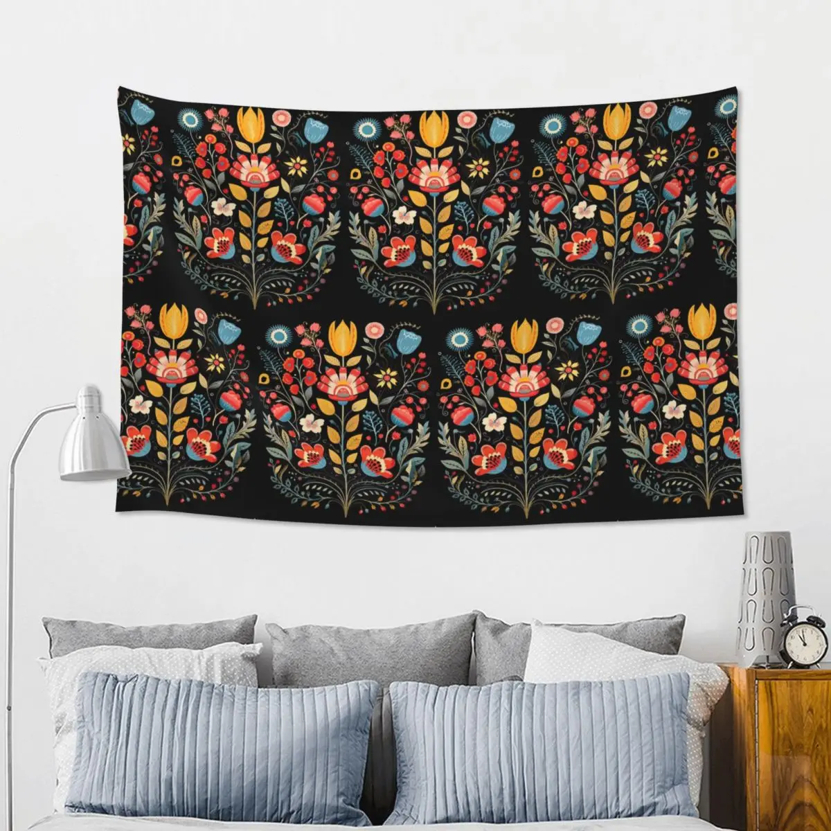 Polish Folk Flowers Print Poland Floral Tapestry Hippie Wall Hanging Aesthetic Home Decor Tapestries for Living Room Dorm Room