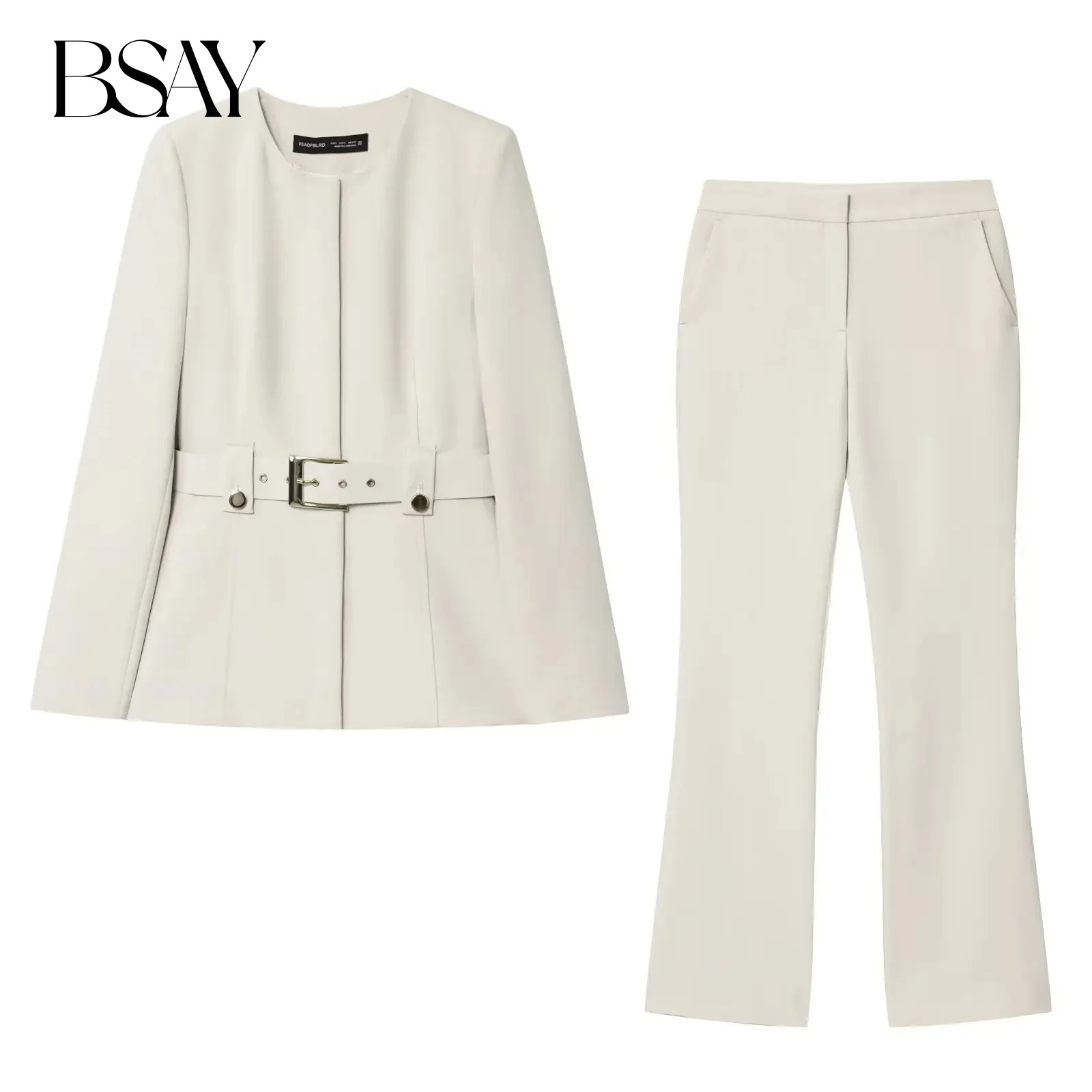

BSAY комплект из двух предметов для женщин, модный осенний новый тонкий пояс, однобортный пиджак с длинными рукавами, пиджак, расклешенные брюки