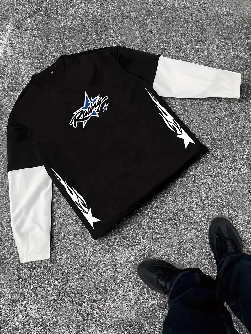 Nueva camiseta de manga larga para hombre para primavera y otoño de 2025, con moda urbana y comodidad con estampado de estrellas en 3D